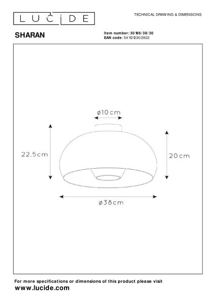 Lucide SHARAN - Plafonnier - Ø 38 cm - 1xE27 - Noir - TECHNISCH